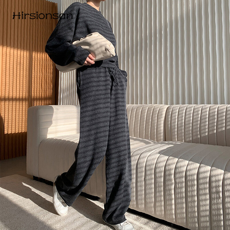 Hirsionsan-Conjunto de suéter de punto de lana para mujer, chándal de cuello redondo con cordón, conjunto de dos prendas para mujer, ropa de casa holgada sólida