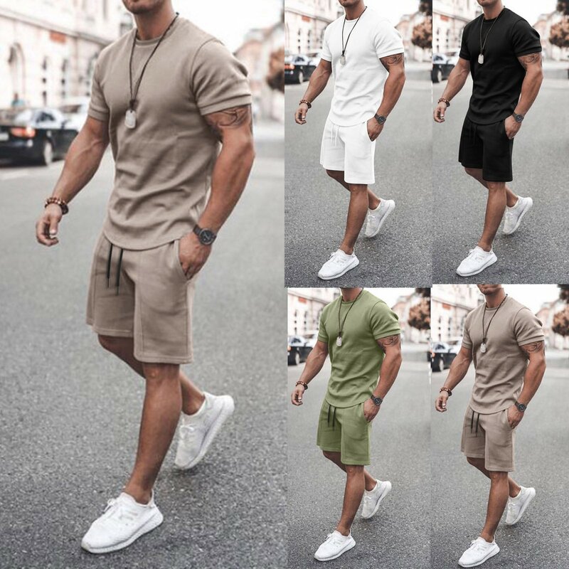 59 # Set Pakaian Olahraga Pria Musim Panas 2-Piece Kemeja Lengan Pendek Pantai Set Celana Pendek Erkek Giyim Loungewear Ansambel Formes