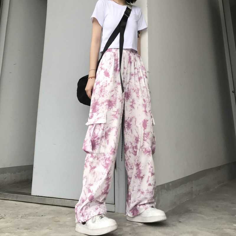 女性用ストレートパンツ,原宿,香港スタイル,染めパターン,大きなポケット,足首までの長さ,ルーズフィット,2021