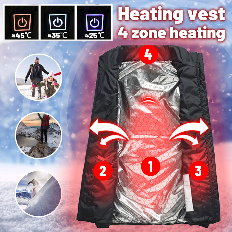 4 Areas Heated Vest Jacket USB Men Winter Electrical Heated Jacket Outdoor Fishing Hunting Waistcoat Hiking Vest