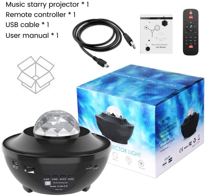 Projecteur ciel étoilé à LED avec commande vocale, bluetooth, USB, avec lecteur de musique, veilleuse, lampe de projection romantique, cadeau d'anniversaire idéal
