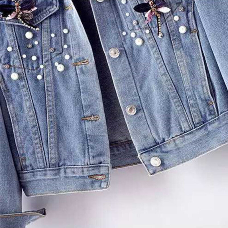 Mantel Jaket Denim Musim Gugur 2021 Jaket Jeans Mantel Longgar Manik-manik Wanita Mantel Dasar Pakaian Luar Kasual Lengan Panjang Pakaian Luar