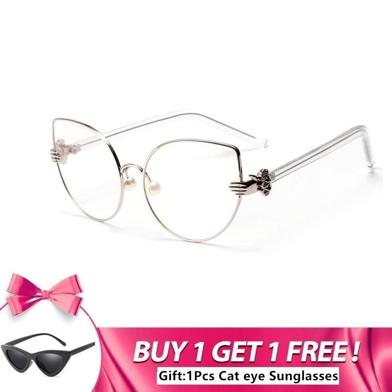 LONSY Neue Cat Eye Metall Frauen Brillen Spektakel Rahmen Mode Marke Computer Optische Gläser Rahmen Blu Objektiv