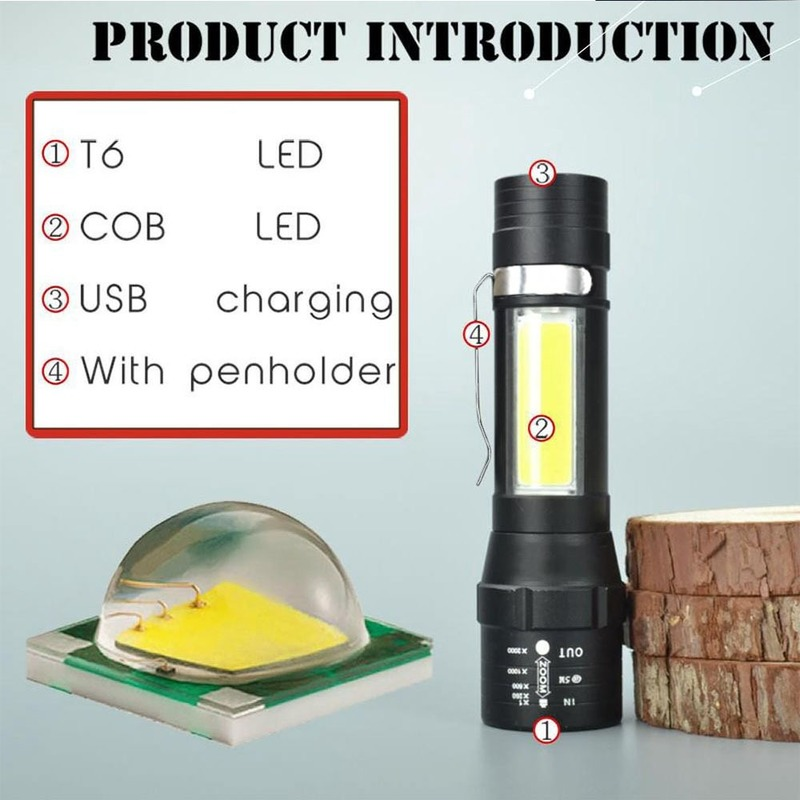 Linterna LED portátil T6 COB, linterna recargable con batería integrada, Zoom, linterna de emergencia impermeable de 3 modos