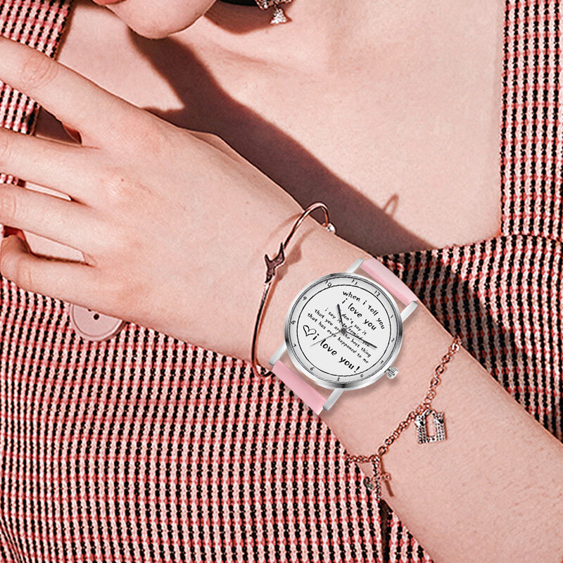 Часы с буквенным принтом, кварцевые часы с ремешком из ПУ кожи, женские часы с надписью «I LOVE YOU», магазин NYZ