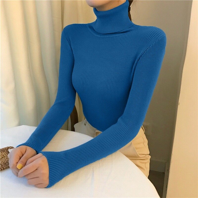 Feminino básico gola alta blusas femininas 2021 outono inverno topos fino pulôver camisola de malha jumper macio quente puxar