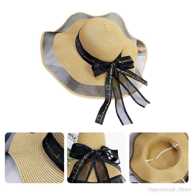 Chic ฟางหมวก Sun Cap หมวก Silky ริบบิ้น Bows เครื่องประดับพับได้ Travel Seaside Companion ลด UV อันตราย My18 21
