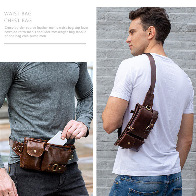Pochete masculina de couro legítimo, bolsa casual de cintura transversal, bolsa de peito para telefone celular, nova moda 2021