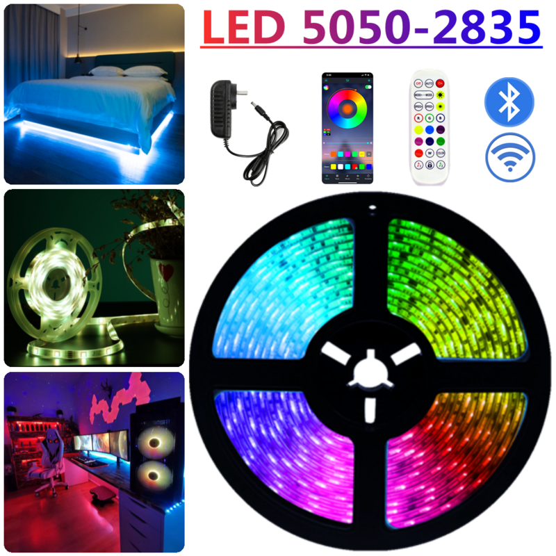 Tiras de Luces LED RGB 2835 SMD 5050, cinta Flexible No resistente al agua, diodo de 5M, 15M, CC de 12V, Control remoto por Bluetooth Para Teléfono + adaptador