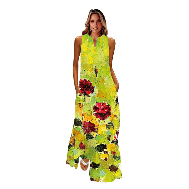 MOVOKAKA damska wiosna lato długa sukienka bez rękawów z dekoltem w szpic luźne sukienki plażowe w stylu Vintage elegancki nadruk sukienka Maxi dla kobiet