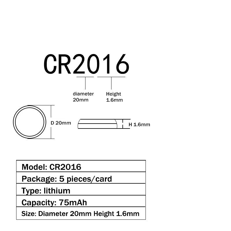 CR2016 버튼 배터리 3V 75mAh BR2016 LM2016 DL2016 셀 코인 리튬 배터리 CR 2016, 시계 전자 장난감 리모컨, 5 개입