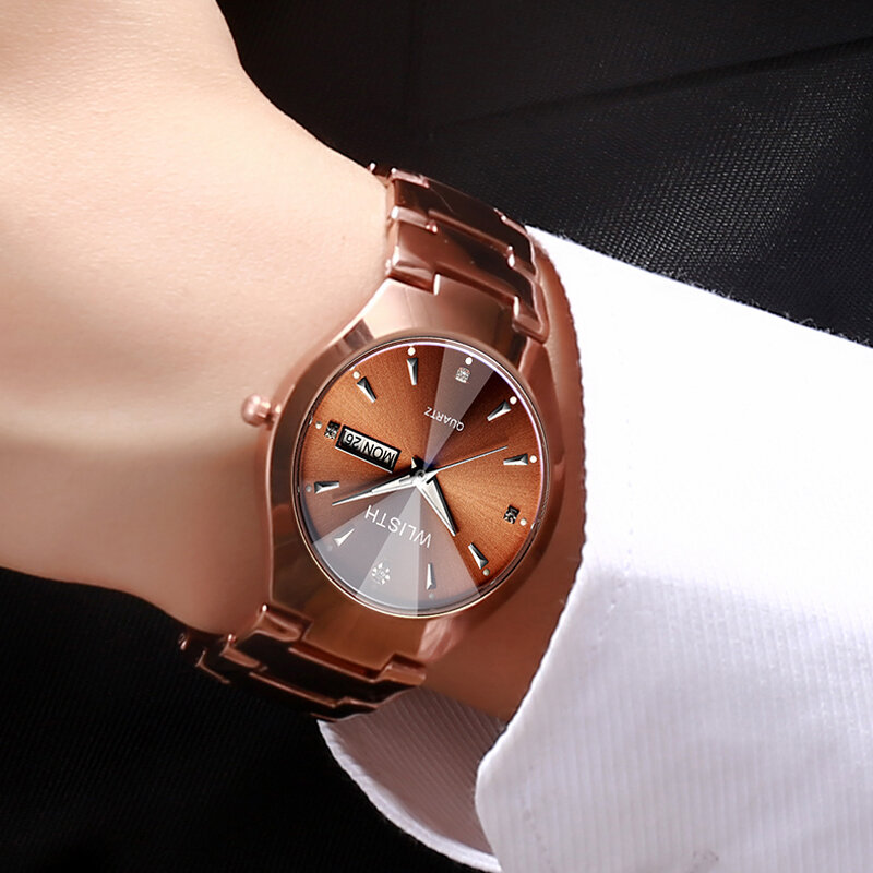 WLISTH hommes montre en acier tungstène amoureux Rose femmes Couple montres chinois-anglais calendrier Quartz horloge étanche Couple montre