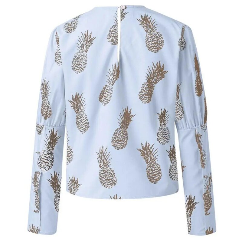 Puff shoulder blouse shirts Elegant New Office Lady Autumn Metal Button Detail Blouses Women Pineapple Print Long Sleeve Tops