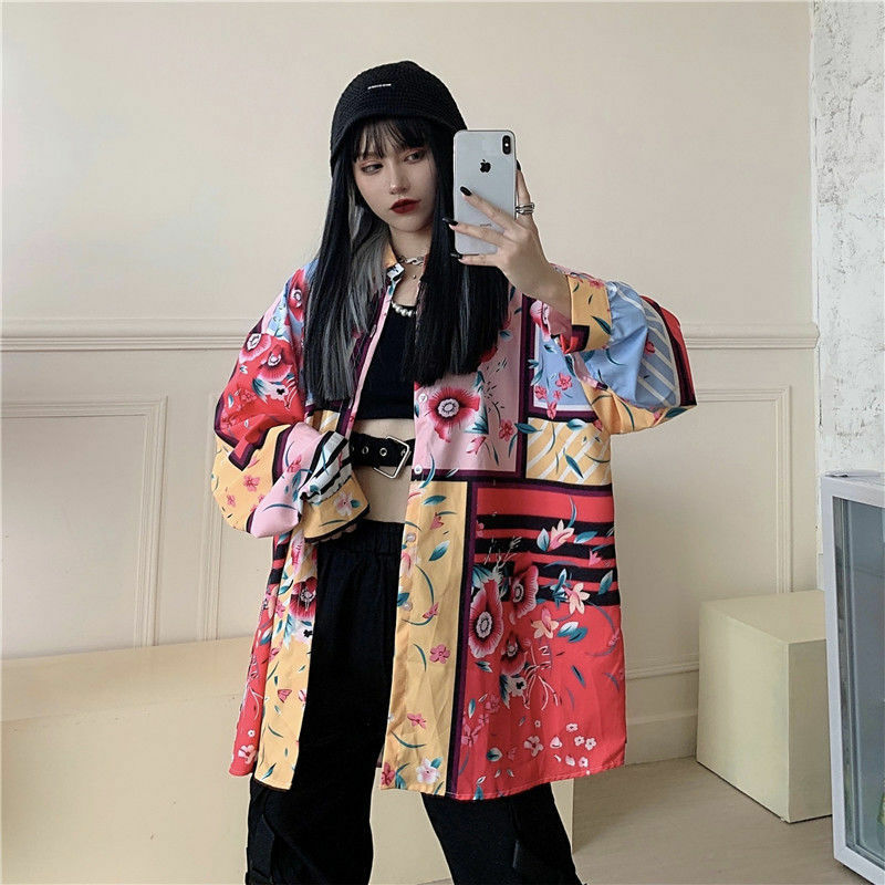 HOUZHOU Shirts 여성 하라주쿠 빈티지 Y2k 탑 미적 블라우스 스트리트 스타일 한국 패션 긴 소매 카디건 여성 New 2021