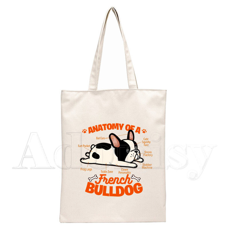 Bulldog francese borsa per la spesa in tela da donna con stampa di lettere borsa a tracolla in tessuto femminile borsa a mano ecologica borsa per la spesa riutilizzabile