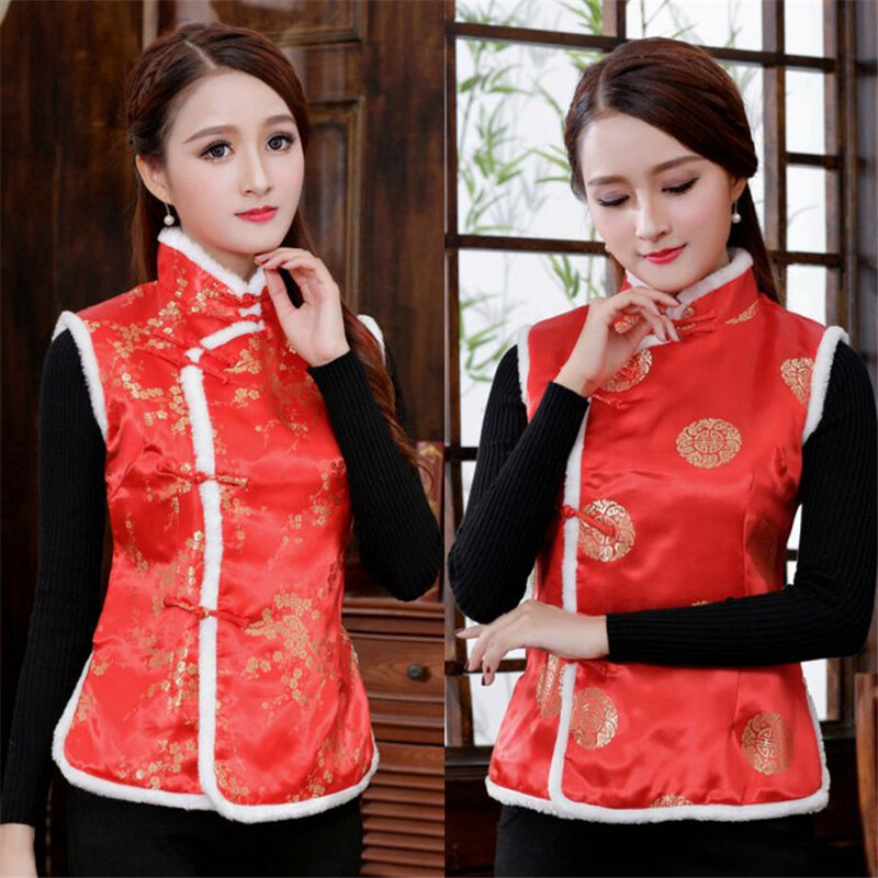 Nowy rok kobiety w stylu chińskim Qipao strój Tang zagęścić aksamitna kamizelka tradycyjny wieczór wesele Cheongsam Retro satynowa sukienka
