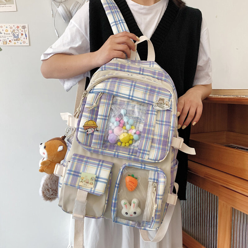 Studenten Modische Mädchen Plaid Schul Koreanische Japanischen Große Kapazität Nylon Wasserdichte Rucksack 2021 Neue Reisetasche