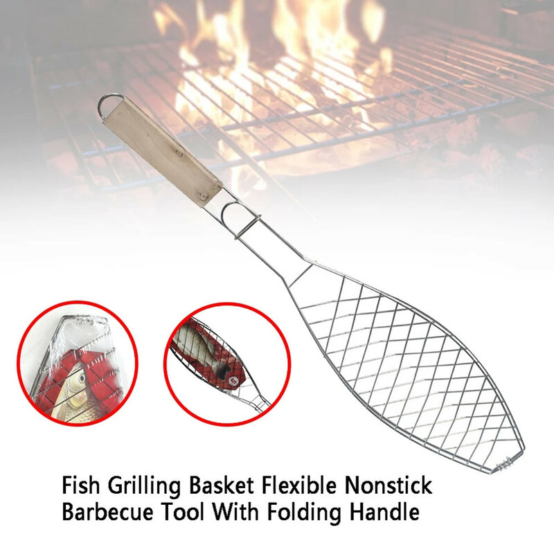 Portable Nonstick Fish Grilling Basket With Handle Chicken Meat Bbq Mesh Clip Diy Barbecue Tool Outdoor Camping Accessories