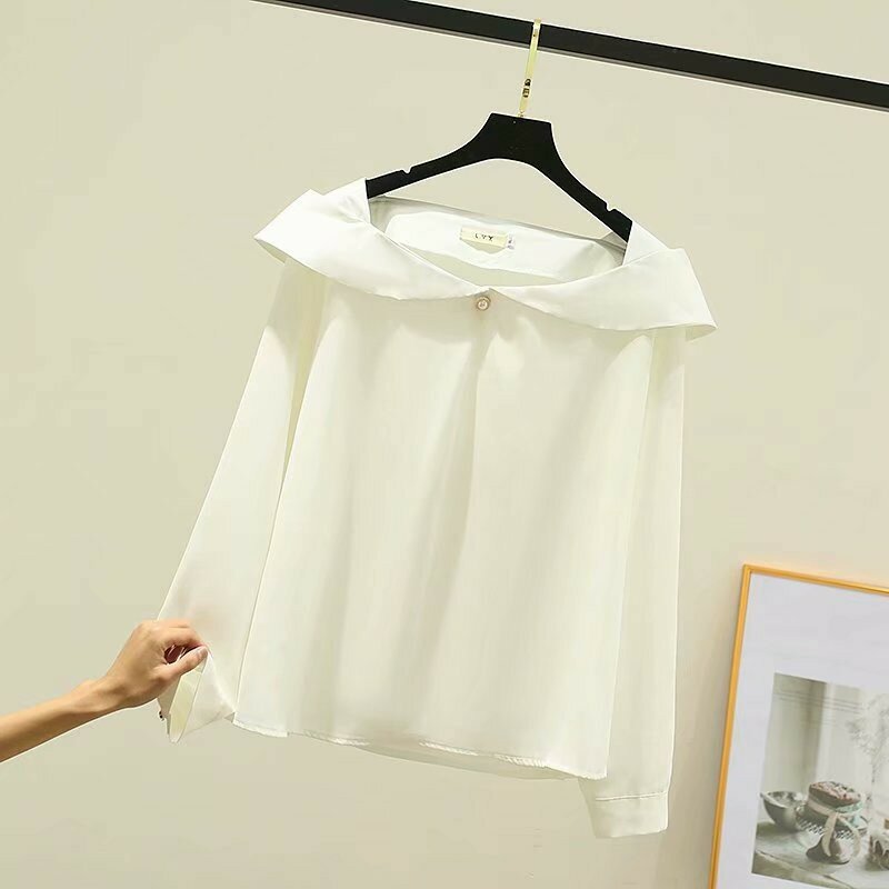 Blusa holgada de chifón para mujer, camisa informal de talla grande con cuello marinero, color blanco liso, primavera y otoño, 2021