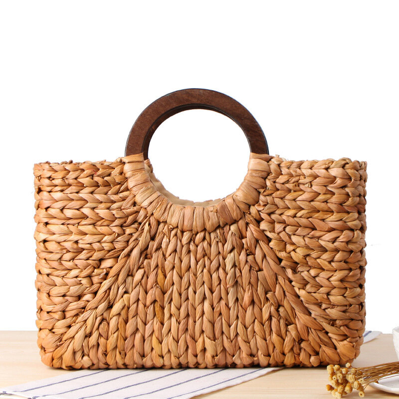 Natural Corn Husk Handmade Wooden Handle Women Handbag Fashion Purse Casual Straw Tote Travel Summer Rattan Beach Shoulder Bag