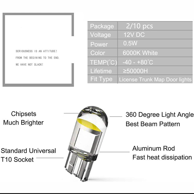 Luz LED Cob para coche W5W 194 T10, carcasa de cristal, luz blanca, verde, azul, cuña para matrícula, estilo de bombilla, 12V ~ 16V, 10 piezas