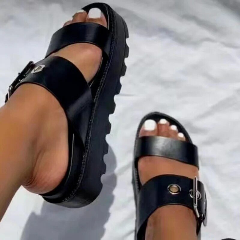 Sandały damskie letnie nowe modne płaskie buty na platformie projekt klamry antypoślizgowe wygodne lekkie obuwie na co dzień modne buty