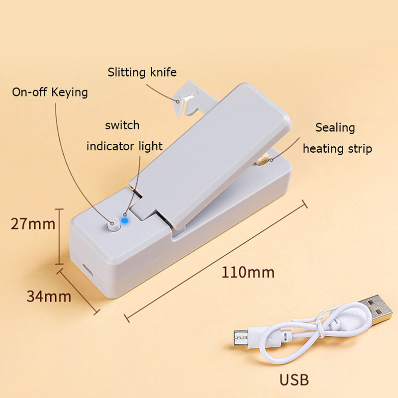 Klip Segel Tas Plastik Rumah Tangga Mesin Penyegel Panas Tujuan Ganda Penyimpanan Penyimpan Makanan Ringan Penyegel Mini Segar USB Dapat Diisi Ulang
