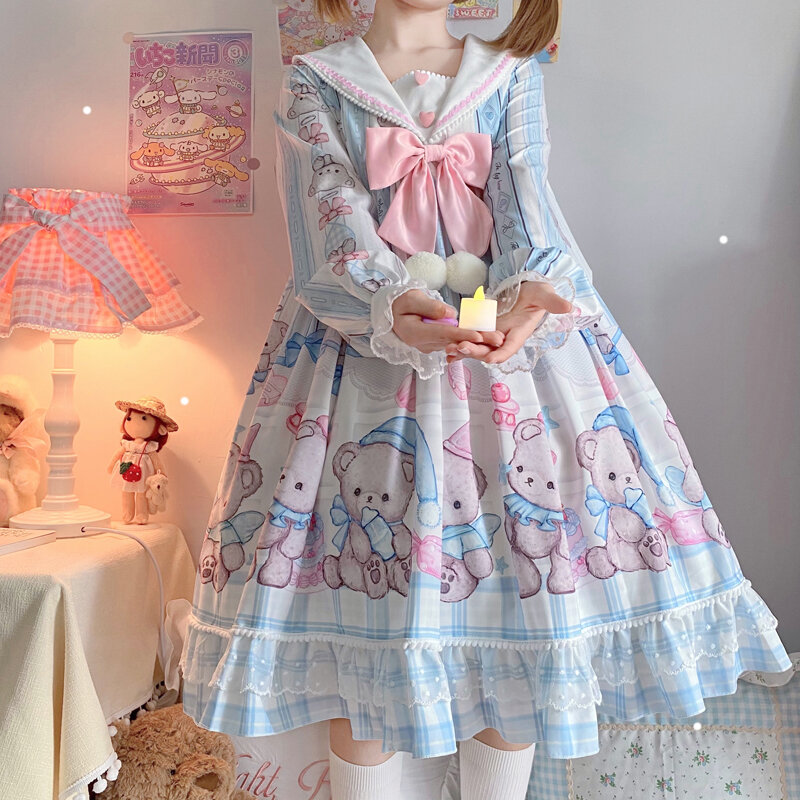 Novo outono do vintage vestido feminino lolita kawaii urso doce arco vestidos de manga longa blusa de fadas cosplay vitoriano robe maid vestido