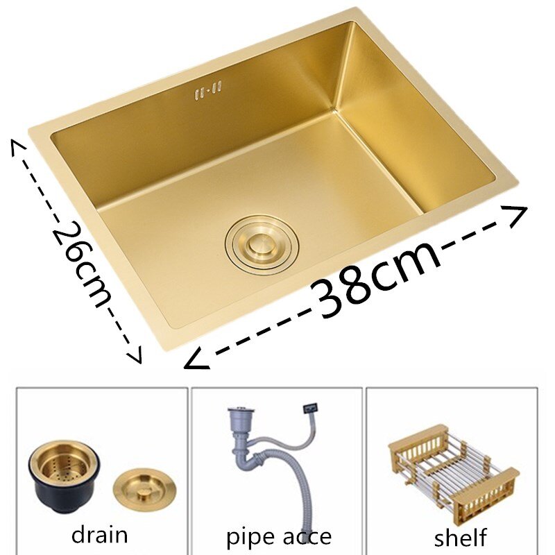17.7 ''Undermount Kitchen Sink bez kranu, pojedyncza miska ze stali nierdzewnej szczotkowane złoto zlew z ociekaczem kosz i akcesoria