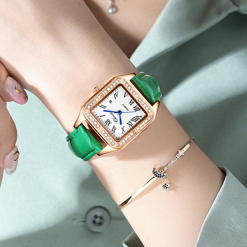 Relojes de cuarzo cuadrados para mujer, pulsera de negocios con diamantes de lujo, de cuero verde, informal, deportivo