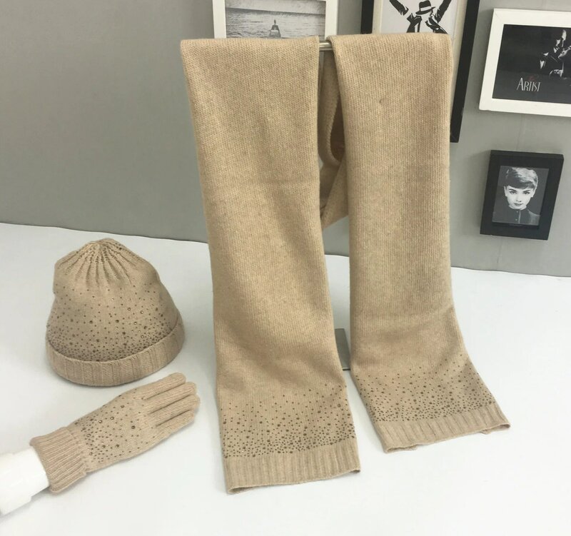 women wool New fashion three-piece set hot diamond autumn and winter woolen knitting  warm hat scarf glove set