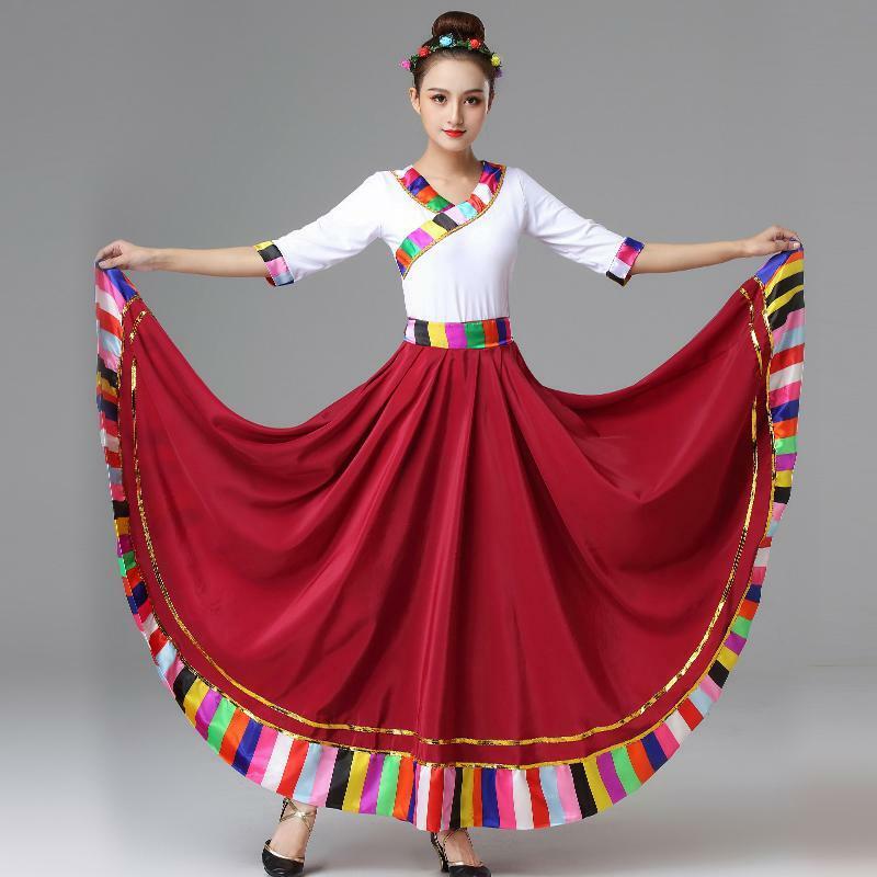 Costume traditionnel chinois vêtements de danse sur scène Costumes folkloriques Festival de Performance tenue tibétaine jupes longues pour les femmes dansant