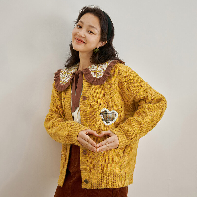 INMAN Women's Cardigan Autumn Winter Retro Jacquard Fun Patchwork Embroidery Yellow Female Cute Warm Knitted Sweater