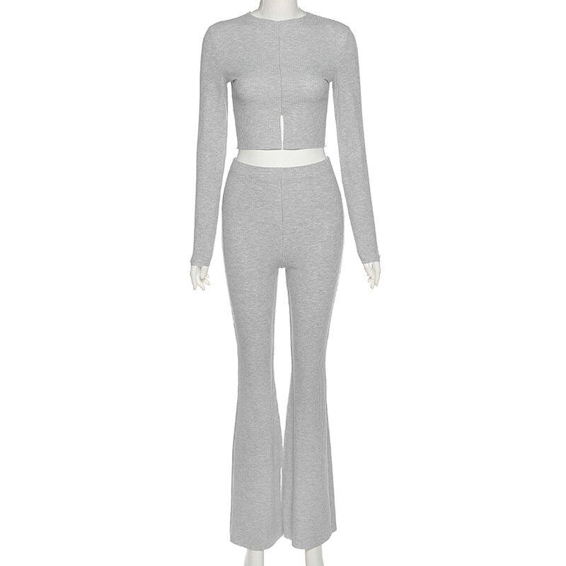 Conjunto de Top de manga larga y pantalones apilados para mujer, chándal informal de calle, ropa ajustada elástica, color gris, otoño