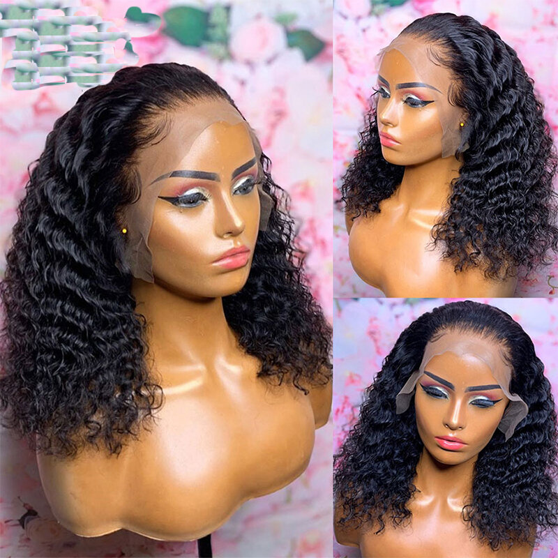 Natural Loose Wave Short Bob Lace Front Wig Heat Kinky Curly Soft Black Wig  Women Side Part Pre Plucked Natural Hairline.