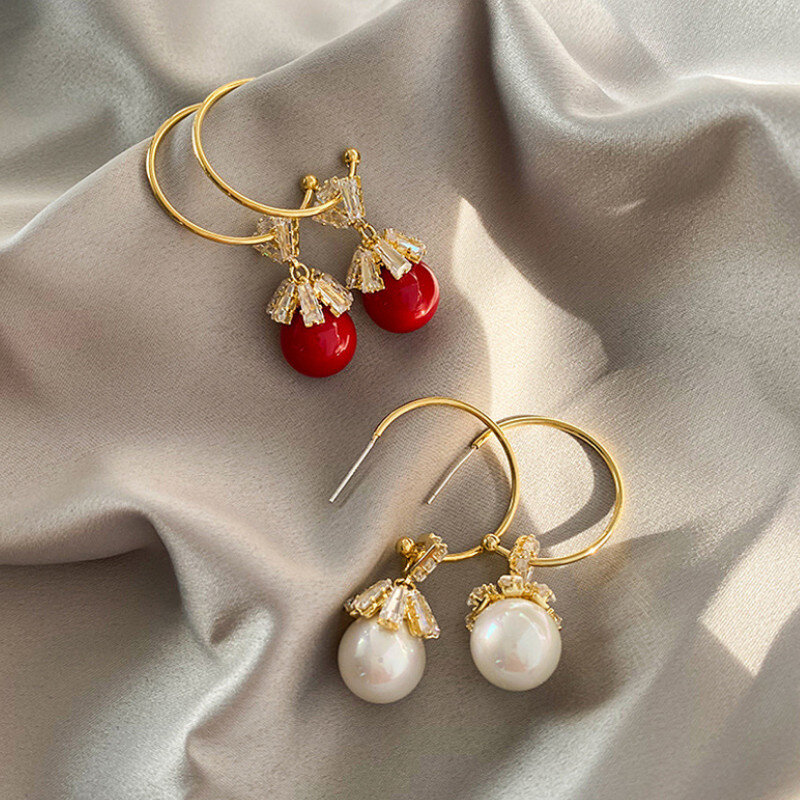 Perhiasan Wanita Kreatif 925 Jarum Perak Kelopak Merah Anting Kancing Mutiara Hadiah Ulang Tahun