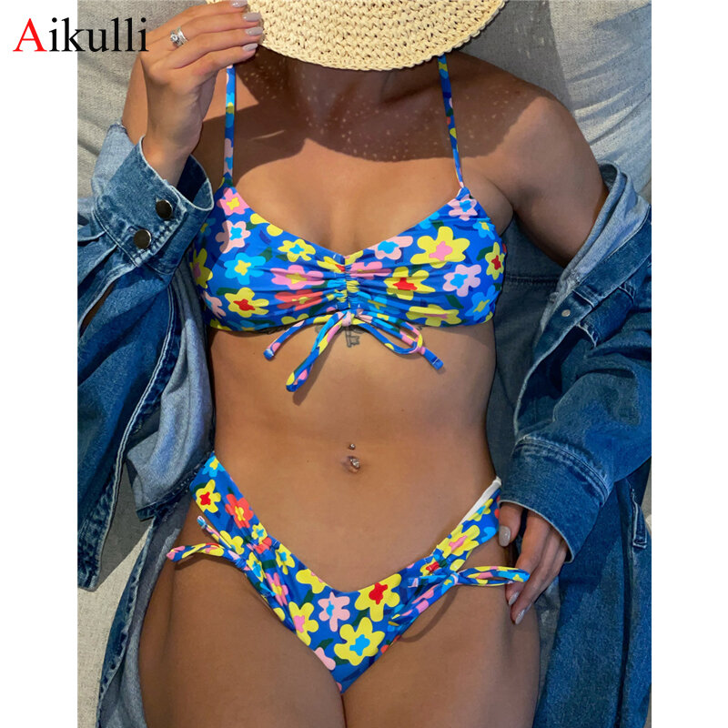 Bikinis con estampado Floral para mujer, traje de baño con estampado Floral, Bikini con Push-Up, conjunto de Bikini Sexy con Tanga para playa y verano, 2021