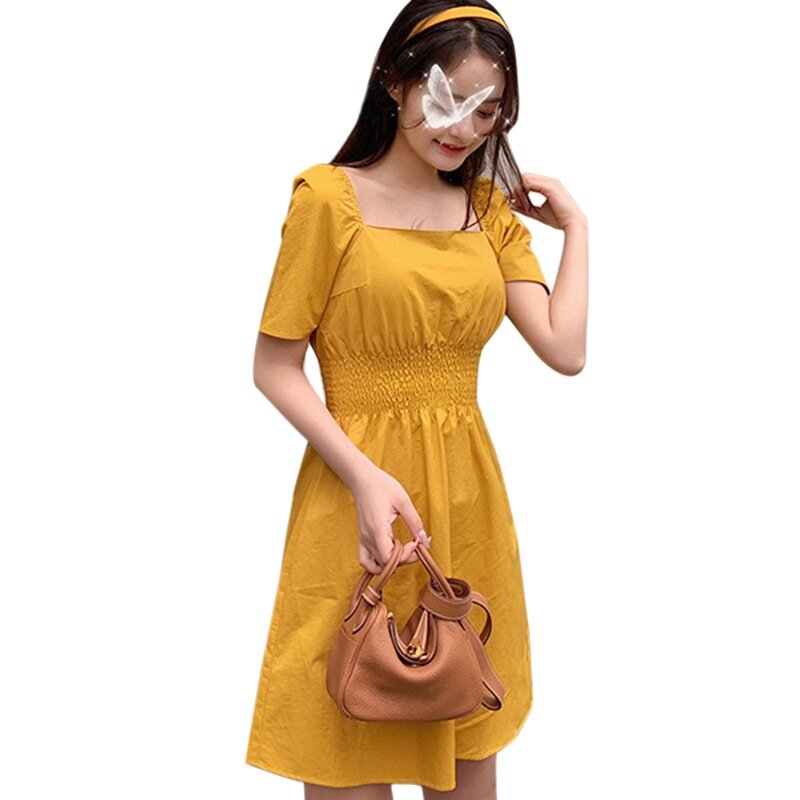 ชุดสตรีฤดูร้อนชุดชุดสตรีเสื้อผ้าภาษาฝรั่งเศสคำสไตล์เดรสสั้นสีเหลือง/สีขาว