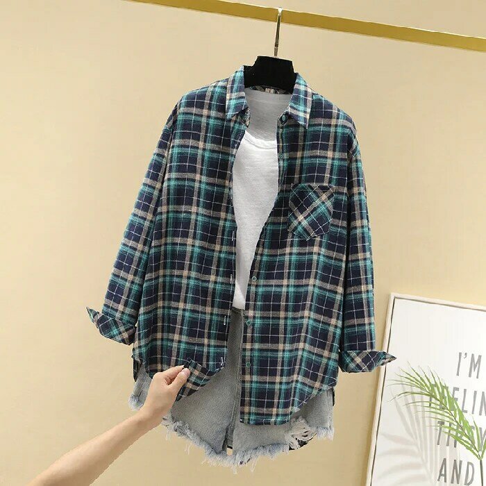 女性のための光沢のある韓国スタイルのチェックシャツ,用途の広い,秋