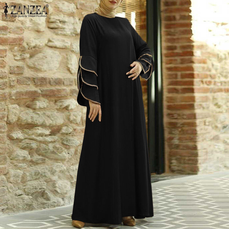 2021 ZANZEA Vintage Moslemisches Hijab Kleid Frauen Flare Hülse Maxi Solide Sommerkleid Marocain Türkische Vestidos Robe Femme Übergroßen