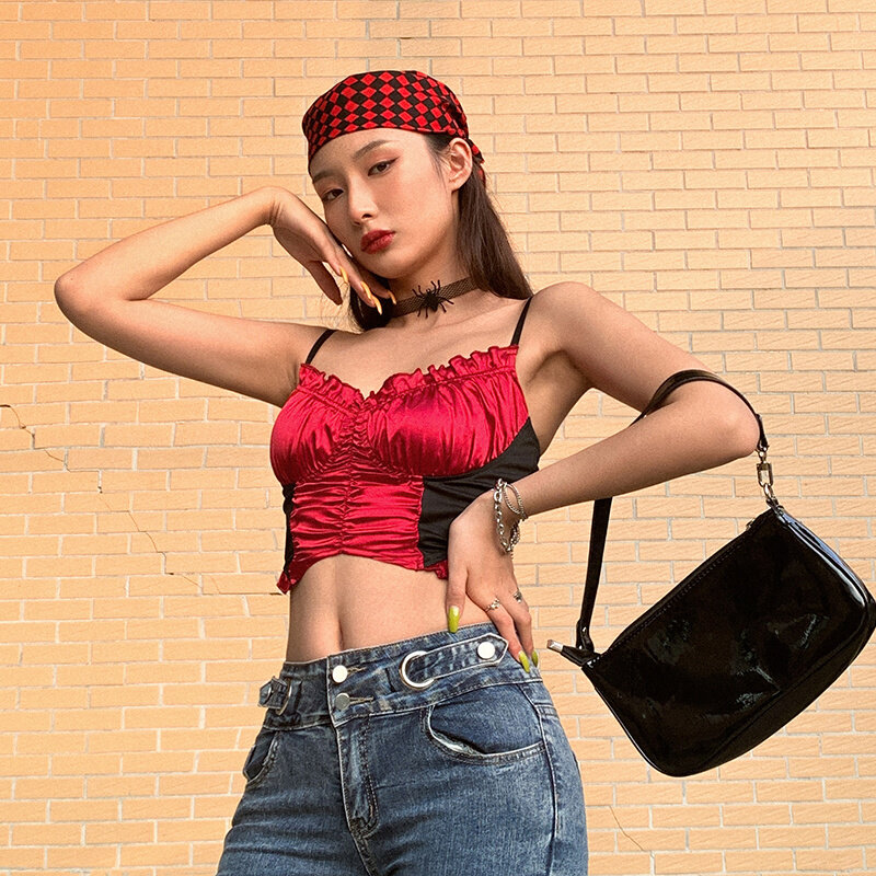Club Tops For Women Party Sexy Pleated Ear Edge Chest Color Contrast Suspender Vest Summer Women's Slim Tops