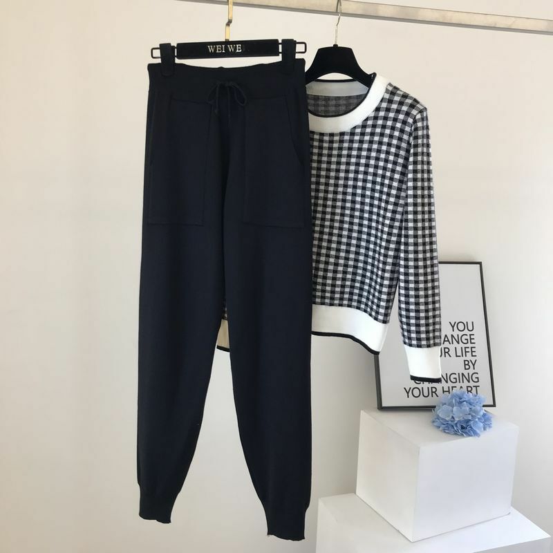 Summer Plaid patter Knitted 2Peice Set Women Short Sleeve O-Neck Pullover Tops + Knit Sweatpants Casual Fashion Tracksuit Female