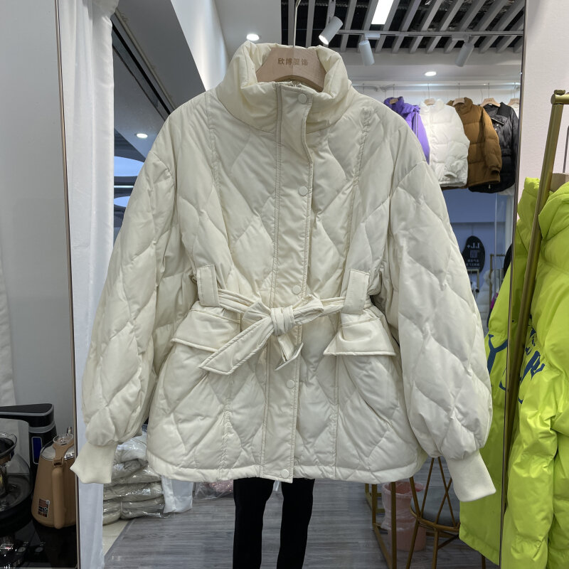여성 겨울 다운 재킷 2021 새로운 한국어 패션 다이아몬드 격자 벨트 슬림 화이트 오리 여성 따뜻한 코트 기질 겉옷