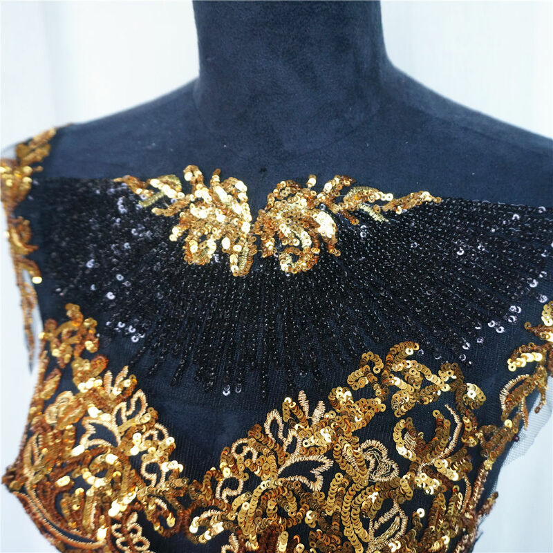 1 conjunto vestido de casamento nobre e real, tecido bordado com lantejoulas douradas e preto, aplique ao vestido de casamento