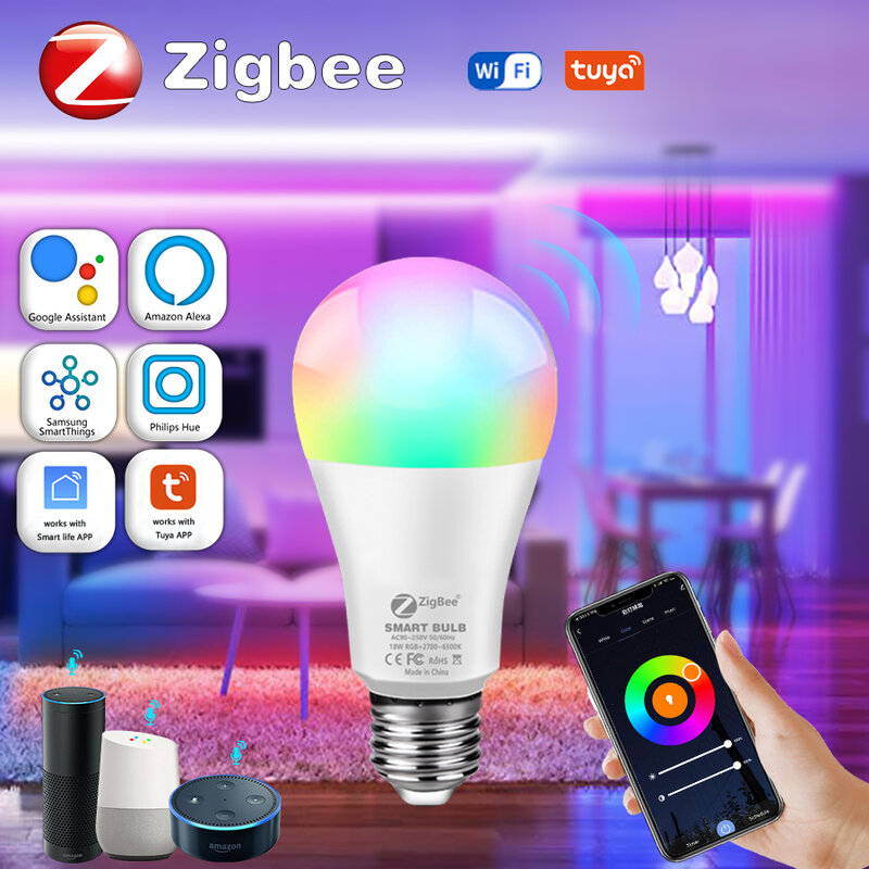 Светодиодная лампа Zigbee E27, умная лампа RGB + CW + WW 12 Вт 15 Вт, работает с приложением