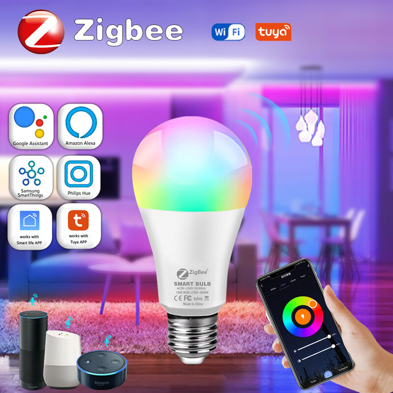 Lampu Led 18W Zigbee E27 Lampu Led RGB + CW + WW 12W 15W Lampu Pintar Tuya Aplikasi Kehidupan Pintar Membutuhkan Gateway Bekerja dengan Perangkat WiFi Pintar