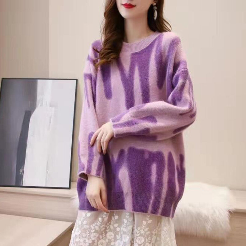 Sweter Rajutan Musim Gugur Wanita Pullover Mode Sederhana Kasual Gaya Komuter Cetak Abstrak Lengan Panjang Leher Bulat Atasan Longgar
