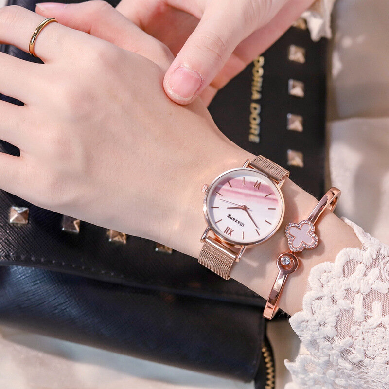 Ulzzang-Reloj de pulsera de cuarzo para mujer, cronógrafo con diseño de esfera a rayas, correa de malla de oro rosa, color verde