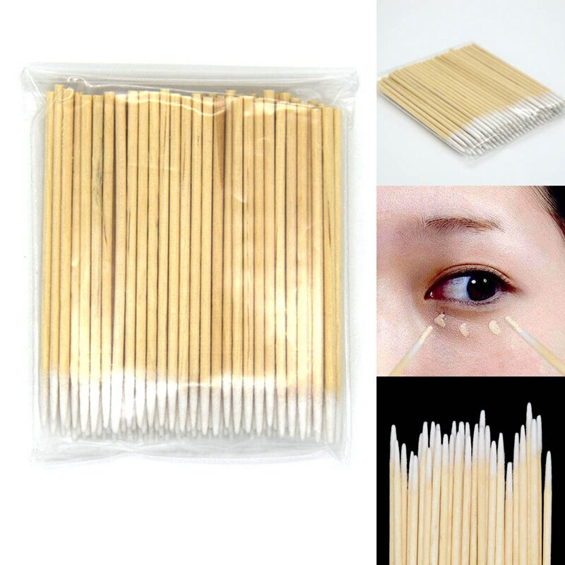 100 Pcs bastoncini per tatuaggio con testa in cotone a punta in legno dedicato bastoncino di tampone di cotone pulito dedicato per il trucco di bellezza del tatuaggio del labbro del sopracciglio Pro