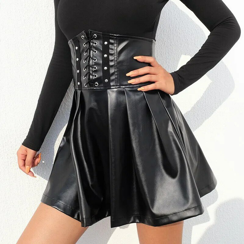 Black PU Leather Women Skirts Sexy High Waist Skirt Office Ladies Club Party Skirt Punk A Line Skirt Mini